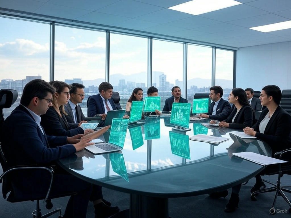 Directivo utilizando servicios de AWS en México frente a una pantalla holográfica, mostrando oportunidades de negocio y almacenamiento de datos con Codster Directivo utilizando servicios de AWS en México frente a una pantalla holográfica, mostrando oportunidades de negocio y almacenamiento de datos con Codster
